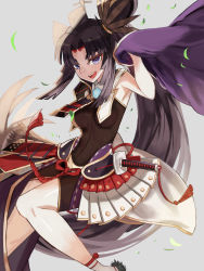 Rule 34 | 1girl, armor, black bodysuit, black hair, black hat, bodysuit, breast curtains, breasts, cape, commentary request, fate/grand order, fate (series), grey background, hair bun, hat, heroic spirit tour outfit, highres, holding, holding cape, holding clothes, japanese armor, katana, kusazuri, leaf, long hair, looking at viewer, m0 chi, medium breasts, parted bangs, purple cape, purple eyes, side bun, side ponytail, sidelocks, simple background, single hair bun, single side bun, sleeveless, smile, solo, sword, tate eboshi, teeth, tongue, upper teeth only, ushiwakamaru (fate), ushiwakamaru (tour outfit) (fate), very long hair, weapon