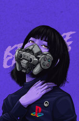 1girl black_hair blackpink commentary highres kensuke_creations limited_palette lisa_(blackpink) mask medium_hair mouth_mask playstation_controller playstation_logo portrait purple_background real_life red_eyes solo