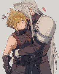 Rule 34 | 2boys, armor, arms around waist, belt, black belt, black coat, black gloves, black pants, black sweater, blonde hair, blush, bracer, cloud strife, coat, covered face, embarrassed, final fantasy, final fantasy vii, final fantasy vii remake, gloves, green eyes, grey background, grey hair, heart, height difference, high collar, highres, hug, long bangs, long coat, long hair, long sleeves, male focus, multiple belts, multiple boys, open mouth, pants, parted bangs, pauldrons, sephiroth, short hair, shoulder armor, simple background, single pauldron, sleeveless, sleeveless sweater, sleeveless turtleneck, spiked hair, spoken heart, squiggle, standing, suspenders, sweater, turtleneck, turtleneck sweater, upper body, very long hair, yaoi, yebuyeye