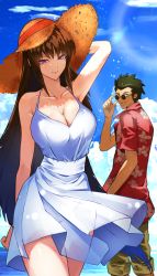 Rule 34 | 1boy, 1girl, 2022, absurdres, adjusting eyewear, beach, blue sky, brown hair, closed mouth, cloud, cloudy sky, collared shirt, dress, hat, highres, kimishima kunihiko, long hair, looking at viewer, looking back, outdoors, pants, pants rolled up, red shirt, scryed, shirt, short sleeves, sky, smile, standing, sun hat, sunglasses, terada ayase, tomo0843, white dress