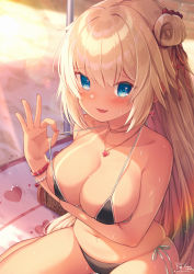 Rule 34 | 1girl, akai haato, arm under breasts, beach mat, bead bracelet, beads, bikini, bikini tan, black bikini, blonde hair, blue eyes, blush, bracelet, breasts, collarbone, commentary request, day, earrings, fang, hair between eyes, hair ribbon, heart, heart earrings, heart necklace, highres, hololive, jewelry, large breasts, light particles, looking at viewer, magowasabi, nail polish, necklace, one side up, outdoors, red nails, ribbon, side-tie bikini bottom, signature, sitting, skin fang, smile, solo, strap lift, string bikini, sweat, swimsuit, tan, tanline, thighhighs, twitter username, virtual youtuber