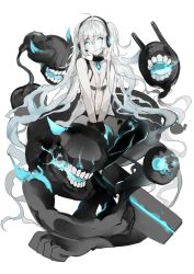 Rule 34 | 1girl, abyssal ship, alternate costume, bare arms, bare shoulders, blue eyes, blue fire, cannon, choker, colored skin, crossover, dark persona, fire, gloves, glowing, glowing eyes, hair between eyes, hatsune miku, head tilt, headphones, kantai collection, long hair, looking at viewer, parted lips, rero (bigdoorbig2), silver hair, simple background, sitting, sketch, solo, teeth, twintails, v arms, very long hair, vocaloid, white background, white skin