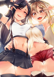 Rule 34 | 2girls, armpits, atelier (series), atelier ryza, atelier ryza 1, bare shoulders, black hair, black ribbon, blush, breast press, breasts, brown eyes, brown hair, cleavage, cluseller, crossover, deep skin, fang, final fantasy, final fantasy vii, hair ornament, hairclip, hand on another&#039;s hip, hat, highres, large breasts, long hair, looking at viewer, looking down, miniskirt, multiple girls, open mouth, red eyes, red shorts, reisalin stout, ribbon, shiny clothes, shiny skin, short hair, short shorts, shorts, skindentation, skirt, smile, stomach, thighhighs, thighs, tifa lockhart, tongue, v, v over eye, very long hair, yellow eyes