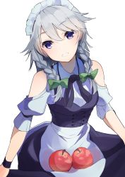 Rule 34 | 1girl, adapted costume, apple, apron, blue dress, blue eyes, blue neckwear, blue ribbon, bow, braid, breasts, clothing cutout, corset, dress, earrings, food, fruit, green bow, grin, hair between eyes, hair bow, hair ribbon, head tilt, highres, izayoi sakuya, jewelry, light blush, looking at viewer, maid headdress, medium hair, puffy short sleeves, puffy sleeves, ribbon, short sleeves, shoulder cutout, side braids, silver hair, skirt basket, skirt hold, small breasts, smile, solo, standing, swept bangs, touhou, tress ribbon, tsushi, twin braids, white apron, white headwear, wristband
