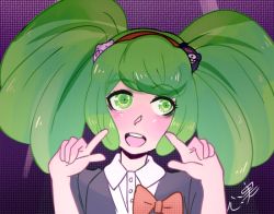 Rule 34 | 1girl, bear hair ornament, blush, child, danganronpa (series), danganronpa 3 (anime), danganronpa another episode: ultra despair girls, eyebrows, female focus, gradient background, green eyes, green hair, hair ornament, hairband, hands up, headband, multicolored background, open mouth, palms, pointing, pointing at self, red hairband, red headband, red headwear, simple background, solo, teeth, tongue, towa monaca, twintails, upper body, upper teeth only