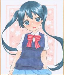 Rule 34 | 1girl, :o, absurdres, blue eyes, blue hair, blue skirt, blue sweater, blush, border, bow, bowtie, breasts, collared shirt, commentary request, cowboy shot, head tilt, highres, kin-iro mosaic, komichi aya, long hair, looking at viewer, marker (medium), open mouth, orange border, pink bow, pink bowtie, pleated skirt, school uniform, shirt, short sleeves, skirt, small breasts, solo, striped bow, striped bowtie, striped clothes, striped neckwear, sweater, sweater vest, traditional media, twintails, two-tone background, white shirt, wing collar, yuuki chima