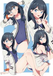 Rule 34 | 1girl, arm support, bare legs, barefoot, black hair, blue background, blue eyes, blue one-piece swimsuit, blush, breasts, cardigan, cropped legs, framed, gridman universe, highres, long hair, looking at viewer, multiple views, one-piece swimsuit, open cardigan, open clothes, orange scrunchie, school swimsuit, scrunchie, sho (shoshos 8888), small breasts, solo, ssss.gridman, swimsuit, swimsuit under clothes, takarada rikka, thighs, v, white cardigan, wrist scrunchie