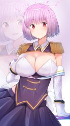 Rule 34 | 1girl, absurdres, arm support, black skirt, blush, bob cut, breasts, cleavage, closed mouth, commentary request, detached sleeves, gloves, gridman universe, hair between eyes, halo, hand on own chest, highres, large breasts, looking at viewer, open mouth, pink background, purple hair, purple halo, red eyes, shinjou akane, short hair, simple background, skirt, smile, solo, ssss.gridman, white gloves, white sleeves, yozakura rakuza