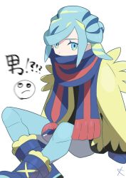 Rule 34 | 1boy, aqua eyes, aqua hair, boots, commentary request, creatures (company), eyelashes, fur-trimmed boots, fur trim, game freak, grusha (pokemon), jacket, kanade (unchi knd280), long hair, long sleeves, male focus, mittens, nintendo, pants, pokemon, pokemon sv, scarf, scarf over mouth, sitting, solo, white background, yellow jacket