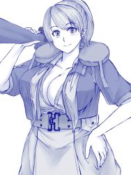 Rule 34 | 1girl, belt, blue theme, bolt action, breasts, cowboy shot, enu (n storage), gun, hand on own hip, intrepid (kancolle), kantai collection, large breasts, looking at viewer, m1903 springfield, monochrome, neck pillow, no bra, open clothes, open shirt, ponytail, rifle, shirt, short hair, short sleeves, simple background, smile, solo, weapon