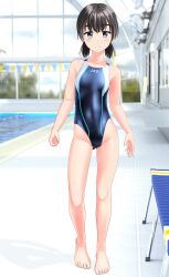 Rule 34 | 1girl, absurdres, barefoot, bench, black hair, black one-piece swimsuit, breasts, clothes writing, commentary request, competition swimsuit, full body, gluteal fold, green eyes, highres, indoors, looking at viewer, low twintails, multicolored clothes, multicolored swimsuit, one-piece swimsuit, original, pool, short hair, small breasts, solo, standing, string of flags, swimsuit, takafumi, tan, tanline, twintails