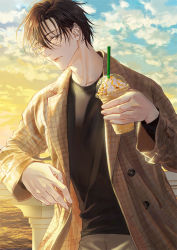 Rule 34 | 1boy, black hair, black shirt, brown shirt, cup, disposable cup, drink, drinking straw, evening, glasses, hair between eyes, highres, male focus, original, panmijin99, shirt, sky, solo, standing, sunset