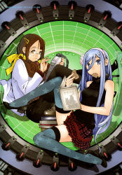 Rule 34 | 10s, 2girls, :3, absurdres, aoki hagane no arpeggio, ark performance, bad reflection, bare shoulders, blue eyes, blue hair, book, brown hair, cable, cookie, eating, artistic error, food, hair ornament, hair ribbon, hairband, hairclip, high heels, highres, hyuuga (aoki hagane no arpeggio), lab coat, long hair, mole, mole under mouth, monocle, mouth hold, multiple girls, non-web source, official art, open book, pantyhose, personification, reading, reflection, ribbon, scan, shoes, sidelocks, skirt, takao (aoki hagane no arpeggio), thighhighs, turtleneck, very long hair, yellow eyes