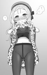Rule 34 | 1girl, ?, absurdres, beret, blush, clothes lift, cowboy shot, dress, dress lift, frilled dress, frills, girls&#039; frontline, gradient background, greyscale, hat, highres, lifting own clothes, llpfmfc, long hair, looking at viewer, monochrome, mp5 (girls&#039; frontline), navel, nose blush, pantyhose, solo, spoken question mark