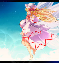 Rule 34 | 1girl, above clouds, absurdres, arms at sides, baba (baba seimaijo), baba (pixiv3422465), barefoot, blonde hair, bow, bowtie, capelet, closed eyes, cloud, collared dress, dress, eyes visible through hair, fairy wings, full body, hat, hat bow, highres, letterboxed, lily white, long sleeves, pink dress, red bow, red bowtie, sash, sky, solo, sparkle, star (sky), starry sky, swept bangs, tears, touhou, white hat, wide sleeves, wings