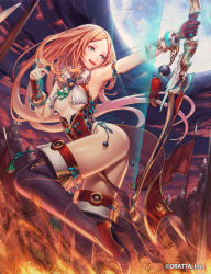 Rule 34 | 1girl, ass, bare arms, bare hips, black thighhighs, blonde hair, blue eyes, bow (weapon), breastless clothes, breasts, cape, chinese clothes, fire, high heels, long hair, mana (remana), moon, no bra, official art, open mouth, original, panties, pelvic curtain, side-tie panties, smile, solo, sword, thighhighs, underboob, underwear, weapon