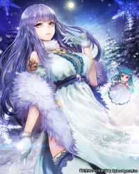 Rule 34 | 2girls, blue hair, breasts, dress, large breasts, long hair, looking at viewer, meto31, moon, multiple girls, orange eyes, purple eyes, purple hair, smile, snowflakes, solo, tenkuu no crystalia, thighhighs, white dress