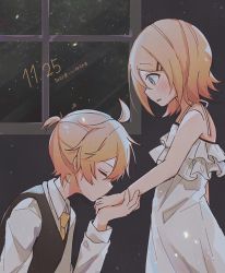 Rule 34 | 1boy, 1girl, adolescence (vocaloid), ahoge, bare arms, bare shoulders, blonde hair, blush, brother and sister, camisole, closed eyes, flat chest, frilled camisole, frills, good twins day, hair ornament, hairclip, highres, kagamine len, kagamine rin, kiss, kissing hand, kneeling, layered camisole, light particles, looking at another, looking down, night, night sky, sazanami (ripple1996), short hair, short ponytail, siblings, sky, sleeveless blazer, spaghetti strap, sparkle, star (sky), starry sky, surprised, twins, vocaloid, white camisole, window
