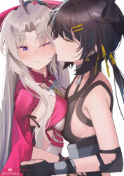 2girls bare_shoulders black_hair blush breast_press carlotta_(wuthering_waves) commentary embarrassed english_commentary female_rover_(wuthering_waves) grey_hair highres kebohan kiss kissing_cheek long_hair multiple_girls one_eye_closed rover_(wuthering_waves) symmetrical_docking white_hair wuthering_waves yuri