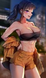 Rule 34 | 1girl, abs, absurdres, bandeau, bare shoulders, blunt bangs, blurry, blurry background, breasts, building, clothes writing, collarbone, commentary, cowboy shot, en&#039;en no shouboutai, foxyreine, hand on own hip, highres, jacket, large breasts, looking at viewer, maki oze, navel, night, night sky, orange jacket, orange shorts, outdoors, patreon logo, ponytail, short shorts, shorts, signature, sky, skyscraper, smile, solo, standing, strapless, sweat, thighs, toned, tree, tube top, watermark, web address