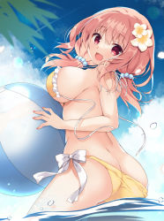 Rule 34 | 1girl, :d, ass, back, ball, beachball, bikini, blue sky, breasts, brown hair, butt crack, cloud, commentary, day, flower, frilled bikini, frills, hair between eyes, hair bobbles, hair flower, hair ornament, highres, holding, holding ball, large breasts, looking at viewer, open mouth, original, outdoors, partially submerged, purinpurin, red eyes, sideboob, sky, smile, solo, standing, swimsuit, twisted torso, water drop, yellow bikini