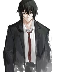 Rule 34 | 1boy, black hair, black jacket, brown eyes, character request, check copyright, closed mouth, collared shirt, commentary request, copyright request, dokomon, empty eyes, formal, gungrave, hair between eyes, half-closed eyes, highres, jacket, korean commentary, male focus, necktie, open clothes, open jacket, red necktie, shirt, simple background, sketch, solo, suit, white background, white shirt