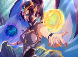 Rule 34 | 1girl, alternate costume, alternate hairstyle, armor, artist name, black hair, blue eyes, boobplate, breastplate, choker, circlet, kakip, league of legends, magic, morgana (league of legends), outstretched arms, pointy ears, ponytail, short hair, spread arms, victorious morgana, wings
