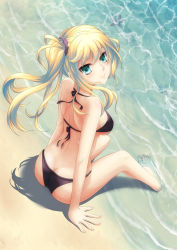 Rule 34 | 1girl, ahsiu, arm support, ass, back, bad anatomy, bad id, bad pixiv id, barefoot, beach, bikini, black bikini, blonde hair, breasts, butt crack, gradient background, green eyes, highres, looking back, md5 mismatch, original, outdoors, parted lips, scrunchie, seashell, shell, side ponytail, sitting, smile, soaking feet, solo, sparkle, starfish, swimsuit, water, wet