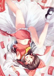 Rule 34 | 1girl, ascot, bad anatomy, bare legs, between fingers, black hair, blush, bow, brown eyes, brown hair, detached sleeves, hair bow, hair tubes, hakurei reimu, highres, holding, igayan, long sleeves, looking at viewer, mary janes, midriff, navel, one eye closed, open mouth, ribbon-trimmed sleeves, ribbon trim, shoes, solo, spell card, touhou, upside-down, upskirt, wide sleeves