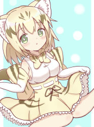 Rule 34 | 1girl, :o, animal ear fluff, animal ears, bare shoulders, black hair, blonde hair, blue background, blush, bow, bowtie, cat ears, cat girl, cat tail, commentary request, elbow gloves, gloves, green eyes, hair between eyes, highres, kemono friends, knees together feet apart, looking at viewer, multicolored hair, parted lips, sand cat (kemono friends), shirt, skirt, sleeveless, sleeveless shirt, solo, sunanuko (ramuneko), tail, two-tone background, two-tone hair, white background, white gloves, white shirt, yellow bow, yellow bowtie, yellow skirt