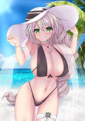 Rule 34 | 1girl, absurdres, aquila (a sip of sardegnian elegance) (azur lane), aquila (azur lane), azur lane, beach, bikini, black bikini, blue sky, breasts, covered erect nipples, gluteal fold, hair between eyes, hat, highleg, highleg bikini, highres, huge breasts, long hair, looking at viewer, official alternate costume, palm tree, see-through, sky, smile, solo, summer, sun hat, swimsuit, tree, very long hair, water, white hair, white hat, yanmaa (yanmar195)