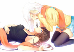 Rule 34 | 2girls, black legwear, blue eyes, blush, breasts, brown hair, closed eyes, face-to-face, food, holding, holding own hair, imminent kiss, kero (tomoki-tiger), kneeling, leaning forward, long hair, lying, mouth hold, multiple girls, on back, open mouth, original, pocky, scarf, skirt, tank top, thighhighs, white background, white hair, yuri, zettai ryouiki