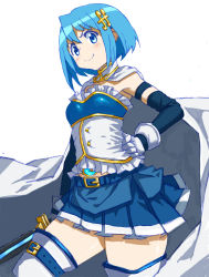 Rule 34 | &gt;:), 10s, 1girl, armband, belt, blue eyes, blue hair, cape, fortissimo, gloves, hair ornament, hairclip, highres, kent0320, magical girl, mahou shoujo madoka magica, mahou shoujo madoka magica (anime), mahou shoujo madoka magica movie 1 &amp; 2, matching hair/eyes, miki sayaka, musical note, musical note hair ornament, short hair, simple background, smile, solo, soul gem, sword, thighhighs, v-shaped eyebrows, weapon, white background, zettai ryouiki