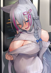 Rule 34 | 1girl, absurdres, animal ears, bare shoulders, blue bow, blue eyes, bow, braid, breasts, cleavage, cleavage cutout, clothing cutout, commentary request, commission, flashing, grey hair, hair between eyes, hair bow, hair ornament, heterochromia, highres, hoshara, kemomimi refle!, large breasts, looking at viewer, meme attire, multicolored hair, nipples, one breast out, open-chest sweater, open mouth, pink hair, presenting, ronomiya hinagiku, shoulder cutout, solo, streaked hair, sweater, tail, turtleneck, turtleneck sweater, twin braids, virtual youtuber, white sweater, yellow eyes