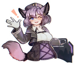 Rule 34 | !, 1girl, ^ ^, absurdres, animal ears, arknights, asymmetrical gloves, black gloves, black hat, blush, breasts, closed eyes, collared shirt, dur-nar (arknights), fang, fox ears, fox girl, fox tail, gloves, hair ornament, hand up, hat, highres, holding, holding shield, medium breasts, mismatched gloves, one eye closed, open mouth, purple eyes, purple hair, purple skirt, sharktuna, shield, shirt, short hair, simple background, skirt, solo, tail, upper body, waving, white background, white gloves, white shirt