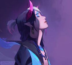 Rule 34 | 1boy, aphelios, artist name, asymmetrical horns, bead necklace, beads, black hair, closed eyes, closed mouth, earrings, facing up, funsizedipstick, highres, horns, jewelry, league of legends, male focus, necklace, pink background, pink horns, pointy ears, ponytail, profile, purple background, short hair, solo, spirit blossom aphelios, white hair