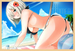 Rule 34 | 10s, 1girl, aqua eyes, ass, ball, beach, beachball, bikini, blue eyes, blush, border, breasts, curvy, day, flower, gloves, hair flower, hair ornament, hair over one eye, hairclip, hamakaze (kancolle), hibiscus, highres, kantai collection, looking at viewer, md5 mismatch, open mouth, resolution mismatch, short hair, silver hair, sky, solo, source smaller, swimsuit, thick thighs, thighs, underboob, wide hips, yuna (spn28u79)