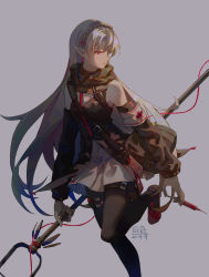 Rule 34 | 1girl, arknights, bare shoulders, black pantyhose, braid, crown braid, detached sleeves, feet out of frame, grey background, highres, holding, holding staff, holding syringe, long hair, long sleeves, muru (dire), pantyhose, parted lips, pointy ears, red eyes, shoes, silver hair, simple background, skirt, solo, staff, standing, standing on one leg, syringe, very long hair, warfarin (arknights), white skirt
