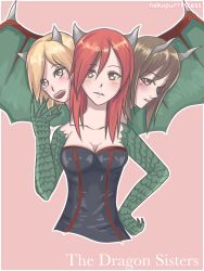 Rule 34 | blonde hair, blush, breasts, brown hair, cleavage, conjoined, dragon girl, red hair, scales, wings