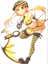 Rule 34 | 1girl, bad id, bad pixiv id, blonde hair, cabbie hat, checkered clothes, checkered legwear, death (entity), hat, koflif, leaning forward, midriff, missing tooth, navel, necktie, original, patterned legwear, scythe, skirt, solo, thighhighs, yellow thighhighs