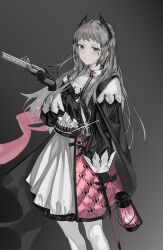 Rule 34 | 1girl, absurdres, animal ears, arknights, artist name, black cape, cape, closed mouth, cross, cross facial mark, dress, expressionless, facial mark, gradient background, grey background, grey hair, gun, highres, holding, holding lantern, holding weapon, irene (arknights), lantern, long hair, looking at viewer, pantyhose, pink dress, sheath, sheathed, signature, solo, standing, sword, two-tone dress, v.ia, weapon, white dress, white pantyhose