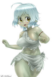 Rule 34 | 10s, 1girl, ahoge, areola slip, bare shoulders, breasts, bustier, clenched hand, colored skin, covered erect nipples, dated, female goblin, goblin, green skin, haruna (tensei shitara slime datta ken), large breasts, looking at viewer, low twintails, monster girl, nail polish, no panties, open mouth, pointy ears, purple nails, pussy, pussy peek, running, short hair, silver hair, skirt, solo, tensei shitara slime datta ken, thighs, torn clothes, twintails, yellow eyes, zanma