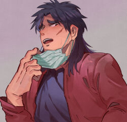 Rule 34 | 1boy, black eyes, black hair, black shirt, brown jacket, commentary request, facial scar, grey background, highres, inudori, itou kaiji, jacket, kaiji, long hair, long sleeves, looking at viewer, looking down, male focus, mask, mask pull, medium bangs, mouth mask, open clothes, open jacket, open mouth, parted bangs, scar, scar on cheek, scar on ear, scar on face, shirt, simple background, solo, teeth, tongue, upper body, upper teeth only