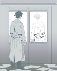 Rule 34 | 2boys, 999 mandu, coat, commentary request, from behind, full body, greyscale, highres, kim dokja, korean commentary, long sleeves, looking outside, male focus, monochrome, multiple boys, omniscient reader&#039;s viewpoint, pants, paper, shoes, short hair, standing, train interior
