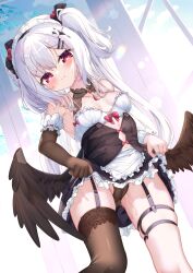 Rule 34 | 1girl, black gloves, black panties, black shirt, black skirt, black thighhighs, black wings, blush, bra, breasts, cameltoe, cleft of venus, clothes lift, elbow gloves, feathered wings, garter straps, gloves, gluteal fold, hair bobbles, hair ornament, hairclip, highres, hiyada yuu, lifted by self, long hair, looking at viewer, low wings, maid headdress, medium breasts, original, panties, pussy juice, red eyes, ribbon, shirt, single glove, single thighhigh, skirt, skirt lift, small breasts, solo, thigh strap, thighhighs, thighs, two side up, underwear, white bra, white hair, wings