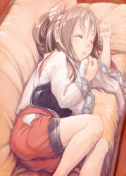 Rule 34 | 10s, 1girl, blush, brown hair, couch, hachimaki, hair ribbon, headband, highres, japanese clothes, kantai collection, kobiyuun, long hair, long sleeves, lying, muneate, on side, personification, ponytail, ribbon, sleeping, solo, zuihou (kancolle)