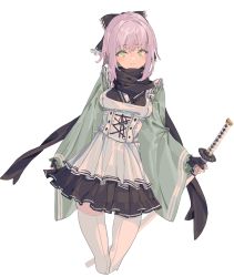 Rule 34 | 1girl, absurdres, black bow, black gloves, black ribbon, black scarf, black skirt, blush, bow, closed mouth, eyelashes, fate/grand order, fate (series), fingerless gloves, frilled bow, frills, gloves, green eyes, grey background, hair bow, highres, holding, holding sheath, holding sword, holding weapon, katana, kazukingu, light blush, light smile, long eyelashes, looking at viewer, maid, okita souji (fate), partially fingerless gloves, pink lips, purple hair, ribbon, scabbard, scarf, sheath, sheathed, short hair, simple background, skindentation, skirt, solo, sword, thighhighs, weapon, white thighhighs
