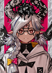 Rule 34 | 1girl, black horns, blue hair, bow, braid, brown eyes, closed mouth, commentary, dripping, expressionless, extra eyes, glasses, grey hair, hair bow, hair over shoulder, highres, hood, hoodie, horns, jacket, long hair, looking at viewer, multicolored bow, multicolored hair, multicolored horns, original, parted bangs, pentagram, pointy ears, red eyes, solo, straight-on, streaked hair, tentaizukan, turtleneck, upper body, white hoodie, white horns, white jacket