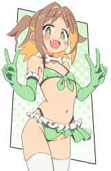 Rule 34 | 1girl, :d, alternate costume, bare shoulders, bikini, blush stickers, bone, brown hair, colored inner hair, commentary, cowboy shot, diamond-shaped pupils, diamond (shape), double v, elbow gloves, fang, flat chest, frills, front-tie bikini top, front-tie top, gloves, green bikini, green eyes, green gloves, hair intakes, highres, looking at viewer, multicolored hair, navel, noyama takenoko, oka asahi, onii-chan wa oshimai!, open mouth, orange hair, outside border, short hair, simple background, smile, solo, stomach, swimsuit, symbol-shaped pupils, thighhighs, two-tone hair, two side up, v, white thighhighs