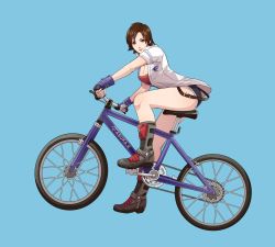 Rule 34 | 1girl, absurdres, armored boots, bicycle, blue background, blue gloves, boots, breasts, brown eyes, brown hair, buttons, collared shirt, commission, denim, denim shorts, fauzy zulvikar, fingerless gloves, gloves, highres, kazama asuka, large breasts, lips, looking at viewer, loose clothes, loose shirt, mountain bicycle, namco, partially unbuttoned, riding, riding bicycle, shirt, short hair, short shorts, shorts, simple background, smile, solo, suspender shorts, suspenders, tekken, tekken 7, tomboy, undershirt, white shirt